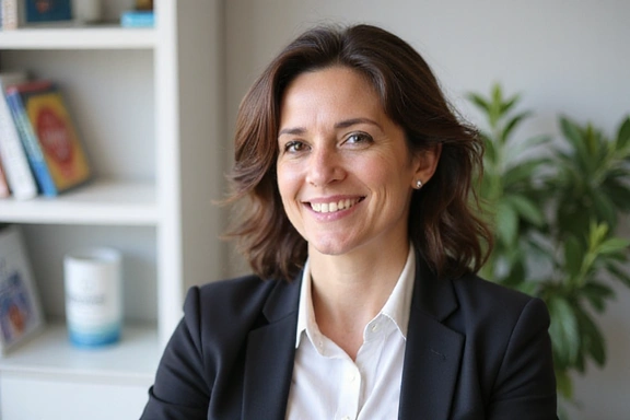 Ritratto della Dottoressa Sofia Bianchi, fondatrice di NutriTrend Italia, sorridente e professionale in un ambiente luminoso.